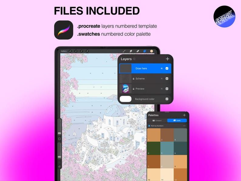 Puede incluir: Una plantilla de arte digital para Procreate que presenta un paisaje de pueblo mediterr&aacute;neo numerado para pintar. Incluye un panel de capas con opciones para dibujo, esquemas y vistas previas, adem&aacute;s de un conjunto de muestras de paleta de colores numerada.