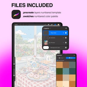 May include: A digital Procreate template featuring a numbered layers panel and a numbered colour palette. The main illustration shows a tea set with a teapot, cups, and pastries on a checkered tablecloth in front of a window with a garden view.