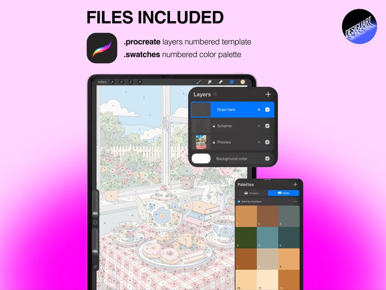 May include: A digital Procreate template featuring a numbered layers panel and a numbered colour palette. The main illustration shows a tea set with a teapot, cups, and pastries on a checkered tablecloth in front of a window with a garden view.