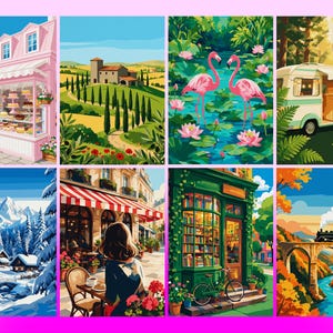May include: A collection of eight distinct illustrations featuring a pink bakery, a rolling countryside, two flamingos in a pond, a vintage camper, a snowy mountain landscape, a cafe scene, a green bookstore with a bicycle, and a train on a bridge.