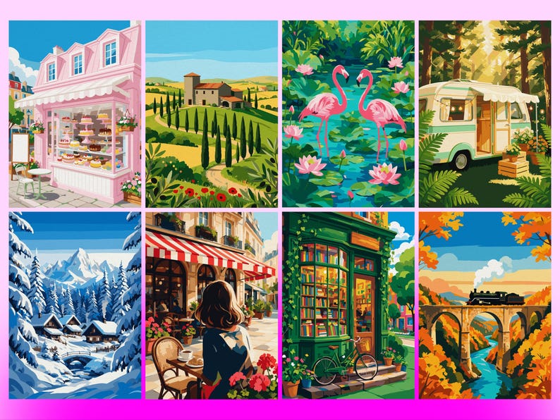 May include: A collection of eight distinct illustrations featuring a pink bakery, a rolling countryside, two flamingos in a pond, a vintage camper, a snowy mountain landscape, a cafe scene, a green bookstore with a bicycle, and a train on a bridge.