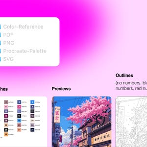 May include: A digital art file set featuring a folder list with Color-Reference, PDF, PNG, Procreate-Palette, and SVG options. Includes a numbered color swatch palette, a full-color anime-style street scene with cherry blossoms, and line art outlines.