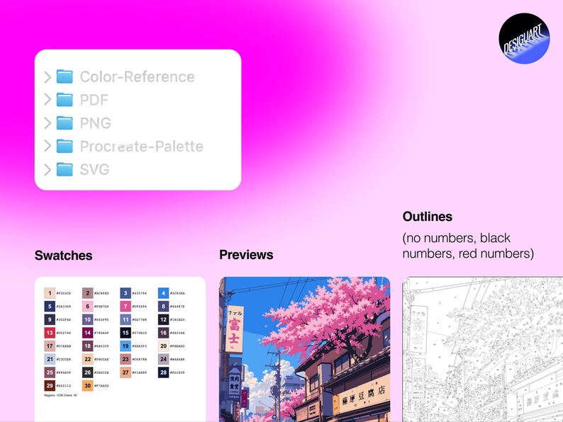 May include: A digital art file set featuring a folder list with Color-Reference, PDF, PNG, Procreate-Palette, and SVG options. Includes a numbered color swatch palette, a full-color anime-style street scene with cherry blossoms, and line art outlines.