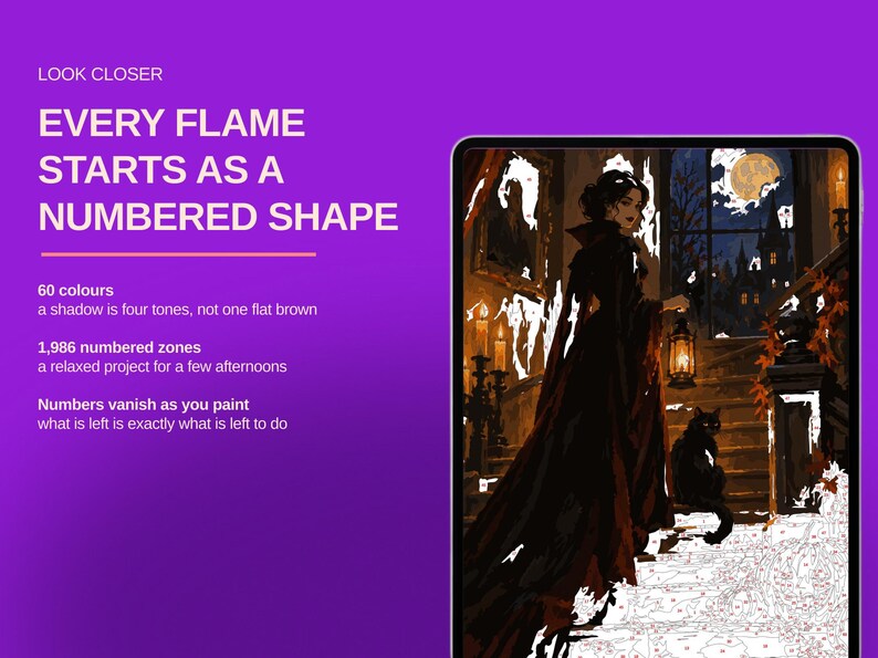 May include: A digital paint-by-number kit featuring a gothic scene with a person in a dark cloak holding a lantern, a black cat, and a moonlit window. The purple background displays text: LOOK CLOSER, EVERY FLAME STARTS AS A NUMBERED SHAPE, 60 colours, 1,986 numbered zones, and Numbers vanish as you paint.