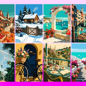 May include: A collection of eight illustrated art prints featuring diverse scenes including a pumpkin market, a snowy cabin, a coastal archway, a canal with boats, a greenhouse, a bicycle with flowers, a garden tea setting, and a Mediterranean street.
