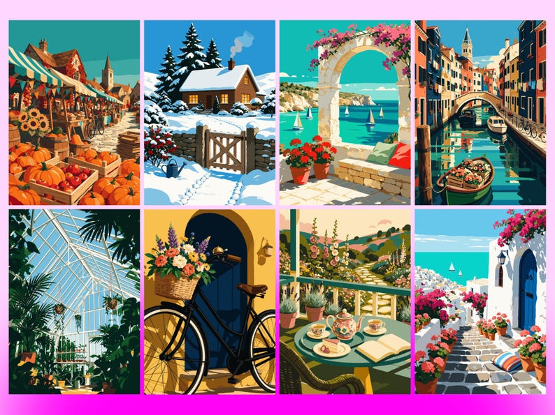 May include: A collection of eight illustrated art prints featuring diverse scenes including a pumpkin market, a snowy cabin, a coastal archway, a canal with boats, a greenhouse, a bicycle with flowers, a garden tea setting, and a Mediterranean street.