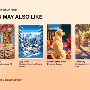 May include: A digital display featuring four rectangular art prints titled Cafe Riviera, Cozy Travel, Animals of the World, and Travel City. The text reads FROM THE SAME SHOP YOU MAY ALSO LIKE and includes descriptions of the number of designs and colors.