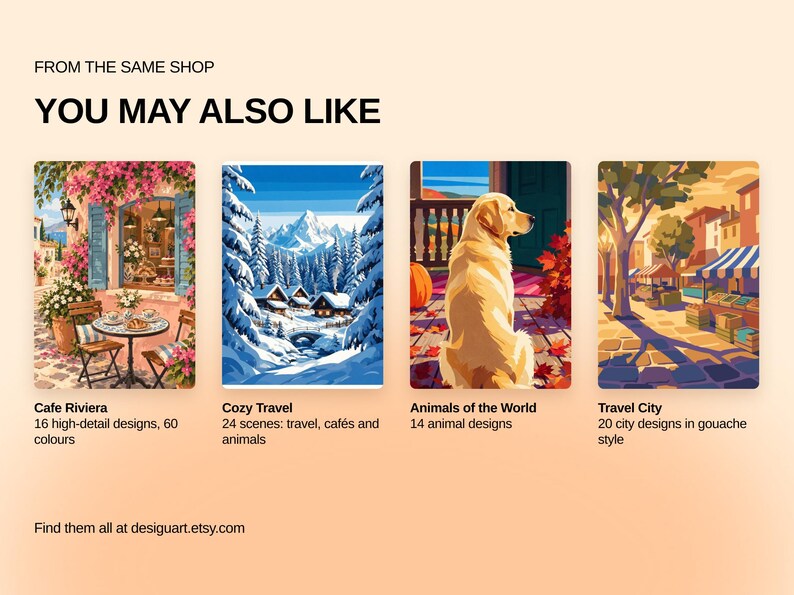 May include: A digital display featuring four rectangular art prints titled Cafe Riviera, Cozy Travel, Animals of the World, and Travel City. The text reads FROM THE SAME SHOP YOU MAY ALSO LIKE and includes descriptions of the number of designs and colors.