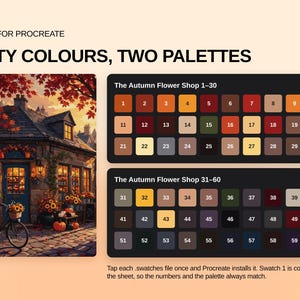 May include: A digital color palette set for Procreate titled Sixty Colours, Two Palettes. It features an illustration of an autumn flower shop with a bicycle and two rectangular grids containing sixty numbered color swatches in warm tones.