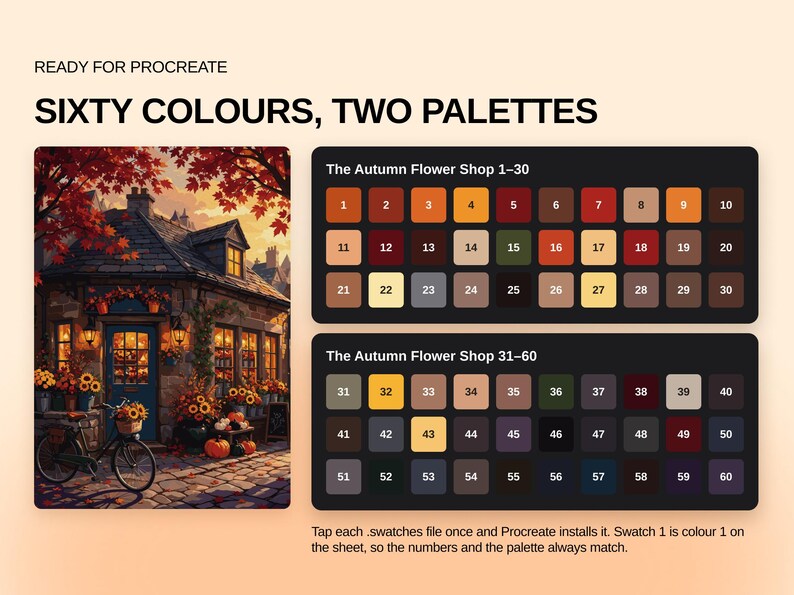 May include: A digital color palette set for Procreate titled Sixty Colours, Two Palettes. It features an illustration of an autumn flower shop with a bicycle and two rectangular grids containing sixty numbered color swatches in warm tones.