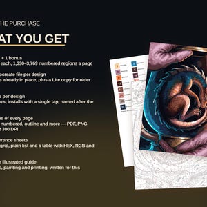 May include: A digital art collection featuring 16 designs plus one bonus, each with 30 colours and 1,330 to 3,769 numbered regions. Includes Procreate files, colour palettes, six versions per page in PDF, PNG, and SVG formats, reference sheets, and an 18-page guide.