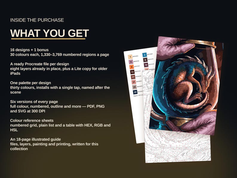 May include: A digital art collection featuring 16 designs plus one bonus, each with 30 colours and 1,330 to 3,769 numbered regions. Includes Procreate files, colour palettes, six versions per page in PDF, PNG, and SVG formats, reference sheets, and an 18-page guide.