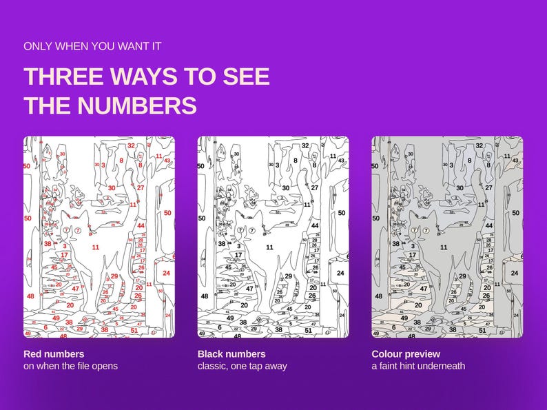 May include: A digital paint-by-number interface on a purple background with the text ONLY WHEN YOU WANT IT THREE WAYS TO SEE THE NUMBERS. Three panels show a cat outline with red numbers, black numbers, and a faint colour preview underneath.