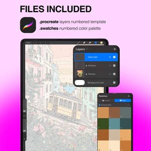 May include: A digital paint-by-number template for Procreate featuring a street scene with a tram. Includes a layers panel with Draw here, Scheme, and Preview options, plus a numbered color palette with various earth tones and blue shades.