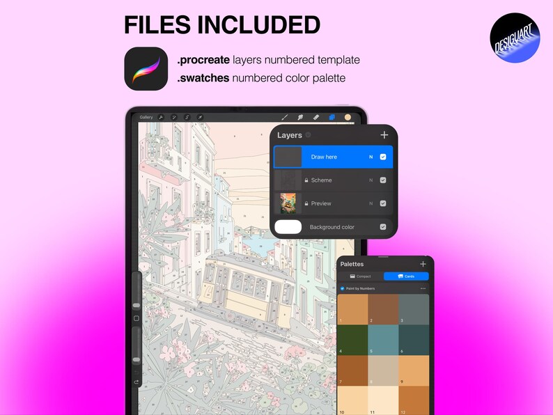 May include: A digital paint-by-number template for Procreate featuring a street scene with a tram. Includes a layers panel with Draw here, Scheme, and Preview options, plus a numbered color palette with various earth tones and blue shades.