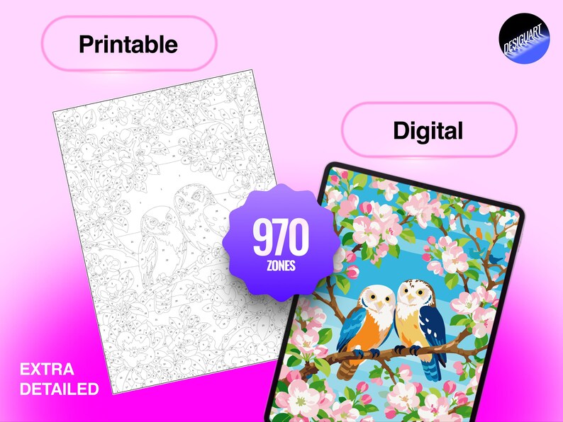 May include: A digital paint-by-number set featuring two owls perched on a flowering branch. The image includes a black and white printable outline and a finished color version, both labeled with the text 970 ZONES, Printable, Digital, and EXTRA DETAILED.