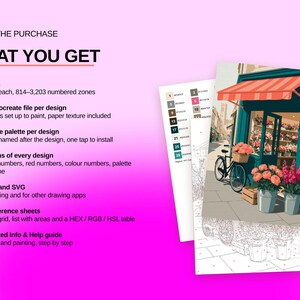 May include: A digital art kit featuring 16 designs with 814 to 3,203 numbered zones, Procreate files, palettes, and PDF, PNG, and SVG formats. The image displays a color-by-number illustration of a flower shop with a bicycle and floral buckets.