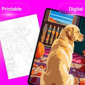 Puede incluir: Un set de pintura por n&uacute;meros con un golden retriever sentado en un porche con hojas de oto&ntilde;o y una calabaza. La imagen muestra una versi&oacute;n imprimible en blanco y negro a la izquierda y una versi&oacute;n digital a color a la derecha.