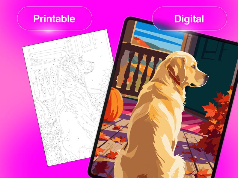 Puede incluir: Un set de pintura por n&uacute;meros con un golden retriever sentado en un porche con hojas de oto&ntilde;o y una calabaza. La imagen muestra una versi&oacute;n imprimible en blanco y negro a la izquierda y una versi&oacute;n digital a color a la derecha.