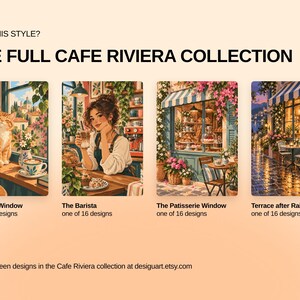 May include: A collection of four rectangular art prints titled The Full Cafe Riviera Collection. The images depict a cat at a window, a barista, a patisserie window, and a terrace after rain. Each print features detailed scenes of cafe life.