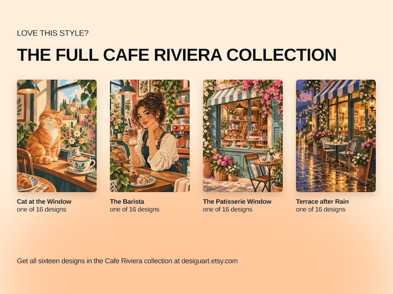May include: A collection of four rectangular art prints titled The Full Cafe Riviera Collection. The images depict a cat at a window, a barista, a patisserie window, and a terrace after rain. Each print features detailed scenes of cafe life.