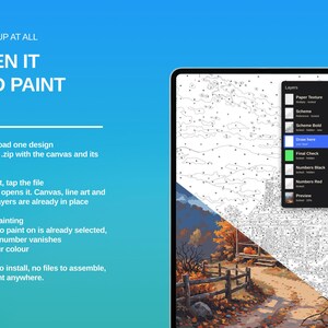 May include: A digital tablet screen displays a paint-by-number interface with a layer menu and a split view showing a line art sketch and a finished autumn landscape painting. Text on the left reads: NO SETUP AT ALL, OPEN IT AND PAINT.