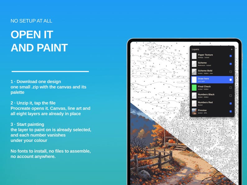 May include: A digital tablet screen displays a paint-by-number interface with a layer menu and a split view showing a line art sketch and a finished autumn landscape painting. Text on the left reads: NO SETUP AT ALL, OPEN IT AND PAINT.
