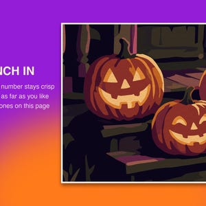 May include: A digital illustration of two carved orange jack-o'-lanterns with glowing yellow eyes and mouths. The text on the left reads: PINCH IN, every number stays crisp, zoom as far as you like, 960 zones on this page. The background is purple.