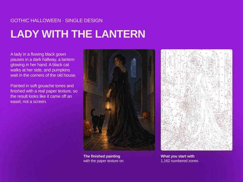 May include: A paint-by-numbers kit titled LADY WITH THE LANTERN, featuring a finished painting of a person in a black gown holding a glowing lantern with a black cat, alongside a white outline template with 1,162 numbered zones for painting.