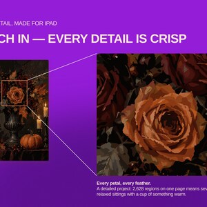 May include: A digital graphic on a purple background featuring a painting of a dark floral arrangement with a raven, pumpkin, and candles. Text reads: HIGH DETAIL, MADE FOR IPAD, PINCH IN &mdash; EVERY DETAIL IS CRISP, Every petal, every feather.