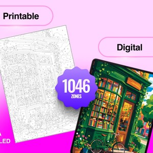 May include: A paint-by-number set featuring a printable black and white line art page and a digital color reference image of a green bookstore storefront with a bicycle. The graphic includes the text Printable, Digital, and 1046 ZONES.