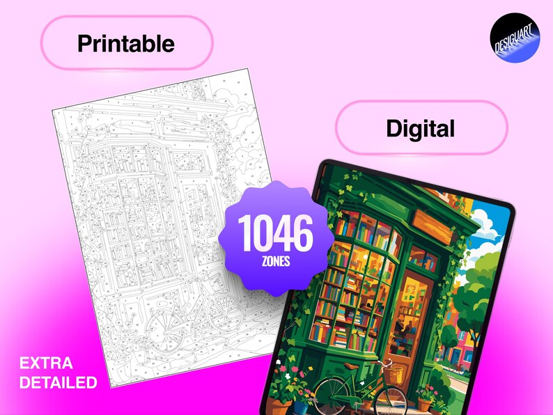 May include: A paint-by-number set featuring a printable black and white line art page and a digital color reference image of a green bookstore storefront with a bicycle. The graphic includes the text Printable, Digital, and 1046 ZONES.