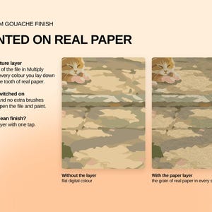 May include: A digital product display titled PREMIUM GOUACHE FINISH PAINTED ON REAL PAPER. It shows two side-by-side illustrations of a sleeping orange cat on a stone path, comparing flat digital color without a paper texture layer to a version with the paper layer applied, highlighting the grain effect.