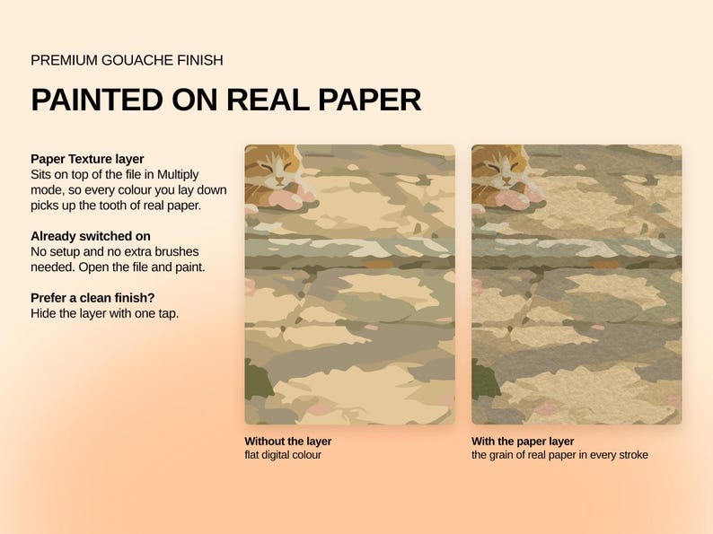 May include: A digital product display titled PREMIUM GOUACHE FINISH PAINTED ON REAL PAPER. It shows two side-by-side illustrations of a sleeping orange cat on a stone path, comparing flat digital color without a paper texture layer to a version with the paper layer applied, highlighting the grain effect.