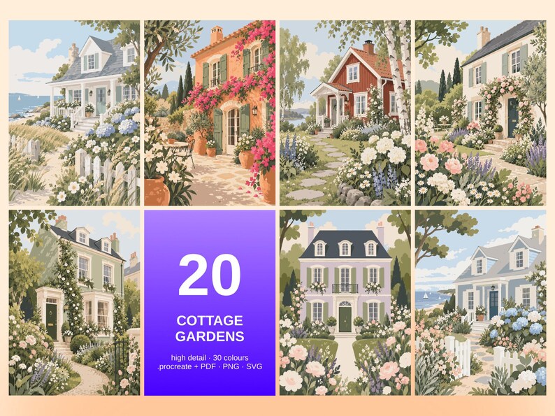 20 Malen-nach-Zahlen-Vorlagen zum Thema Cottage-Garten, detaillierte Procreate-Malvorlagen (Digitaler Download) Bild 4