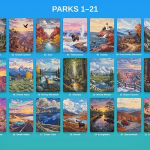 May include: A collection of 21 rectangular art prints labeled PARKS 1-21, featuring illustrated landscapes of US National Parks including Yosemite, Grand Canyon, Zion, Yellowstone, Acadia, Great Smoky Mountains, Glacier, Arches, Grand Teton, Rocky Mountain, Olympic, Mount Rainier, Bryce Canyon, Sequoia, Joshua Tree, Death Valley, Crater Lake, Denali, Everglades, Shenandoah, and Hawai'i Volcanoes.
