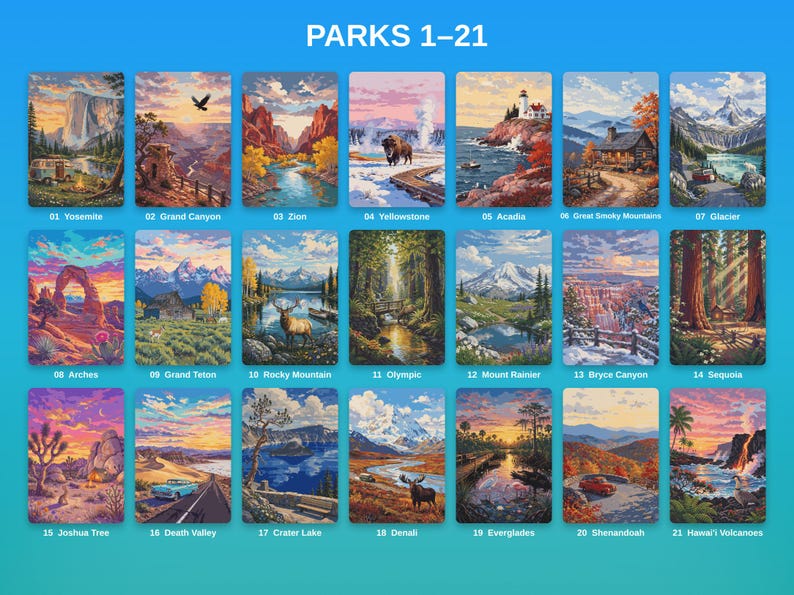 May include: A collection of 21 rectangular art prints labeled PARKS 1-21, featuring illustrated landscapes of US National Parks including Yosemite, Grand Canyon, Zion, Yellowstone, Acadia, Great Smoky Mountains, Glacier, Arches, Grand Teton, Rocky Mountain, Olympic, Mount Rainier, Bryce Canyon, Sequoia, Joshua Tree, Death Valley, Crater Lake, Denali, Everglades, Shenandoah, and Hawai'i Volcanoes.
