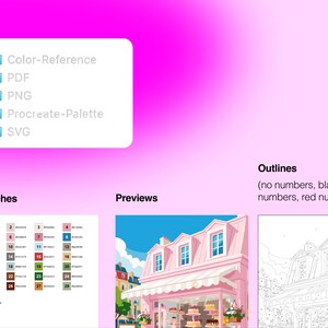 May include: A digital file set on a bright pink gradient background featuring a folder list with Color-Reference, PDF, PNG, Procreate-Palette, and SVG. Includes a numbered color swatch chart, a colored house preview, and a line art outline version.