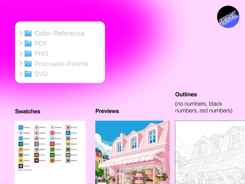 May include: A digital file set on a bright pink gradient background featuring a folder list with Color-Reference, PDF, PNG, Procreate-Palette, and SVG. Includes a numbered color swatch chart, a colored house preview, and a line art outline version.