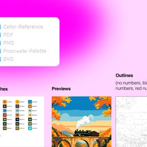 Pode incluir: Um conjunto de arquivos digitais com uma lista de pastas Color-Reference, PDF, PNG, Procreate-Palette e SVG. Inclui uma tabela de amostras de cores numerada, uma ilustra&ccedil;&atilde;o colorida de um trem a vapor em uma ponte e um contorno.