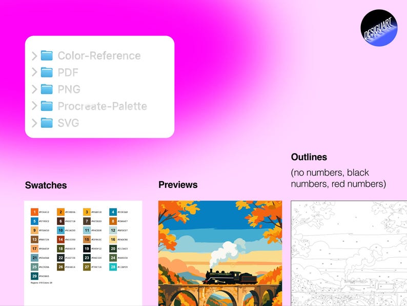 Pode incluir: Um conjunto de arquivos digitais com uma lista de pastas Color-Reference, PDF, PNG, Procreate-Palette e SVG. Inclui uma tabela de amostras de cores numerada, uma ilustra&ccedil;&atilde;o colorida de um trem a vapor em uma ponte e um contorno.