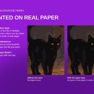 May include: A digital graphic on a purple background featuring the text PREMIUM GOUACHE FINISH PAINTED ON REAL PAPER. It displays two side-by-side illustrations of a black cat, labelled Without the layer and With the paper layer, demonstrating texture.