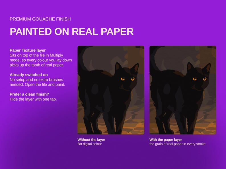 May include: A digital graphic on a purple background featuring the text PREMIUM GOUACHE FINISH PAINTED ON REAL PAPER. It displays two side-by-side illustrations of a black cat, labelled Without the layer and With the paper layer, demonstrating texture.