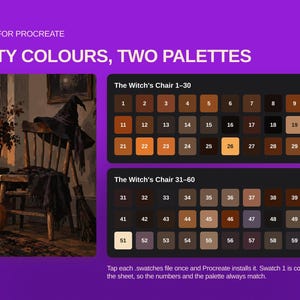 May include: A digital color palette for Procreate titled Sixty Colours, Two Palettes. It features an illustration of a wooden chair, a witch hat, a broom, and a pumpkin, alongside two numbered grids containing sixty distinct color swatches.
