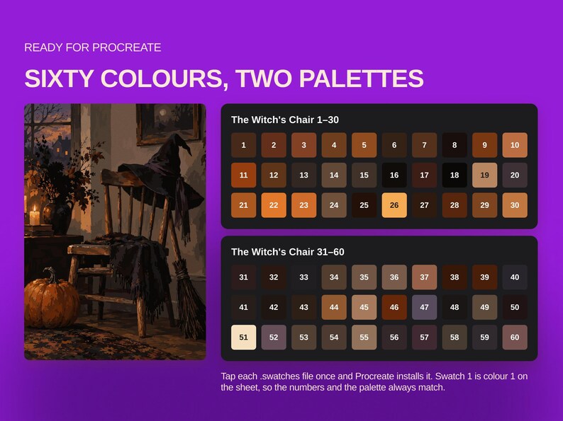 May include: A digital color palette for Procreate titled Sixty Colours, Two Palettes. It features an illustration of a wooden chair, a witch hat, a broom, and a pumpkin, alongside two numbered grids containing sixty distinct color swatches.