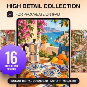 May include: A digital collection of 16 high-detail designs for Procreate on iPad, featuring vibrant illustrations of Mediterranean coastal scenes, coffee, oranges, and pastries. The display shows a central image of a moka pot and breakfast.