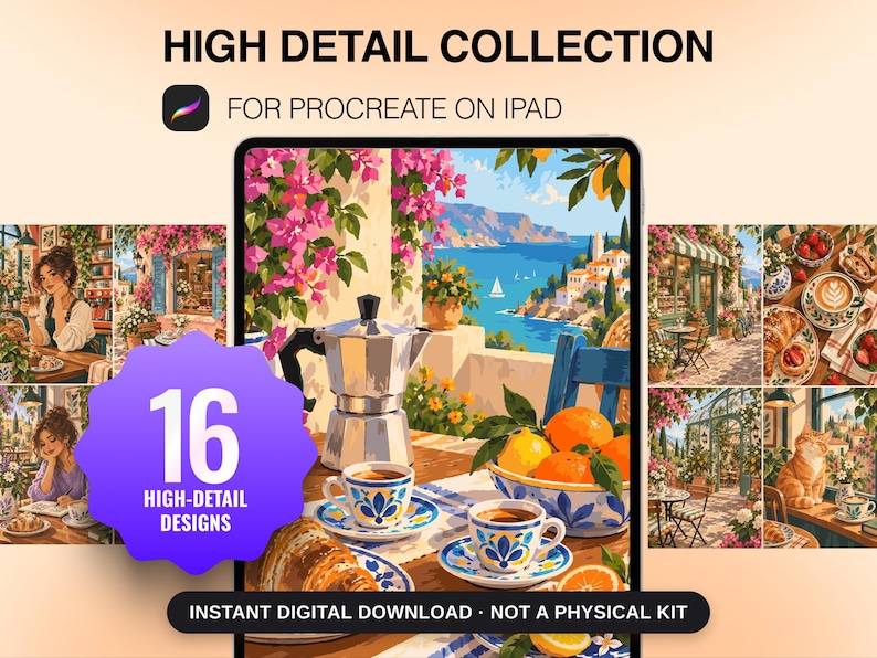 May include: A digital collection of 16 high-detail designs for Procreate on iPad, featuring vibrant illustrations of Mediterranean coastal scenes, coffee, oranges, and pastries. The display shows a central image of a moka pot and breakfast.