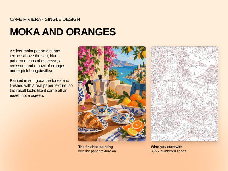 May include: A paint-by-number kit titled CAFE RIVIERA MOKA AND ORANGES featuring a finished painting of a silver moka pot, espresso cups, a croissant, and oranges on a terrace, alongside a canvas outline with 3,277 numbered zones for painting.