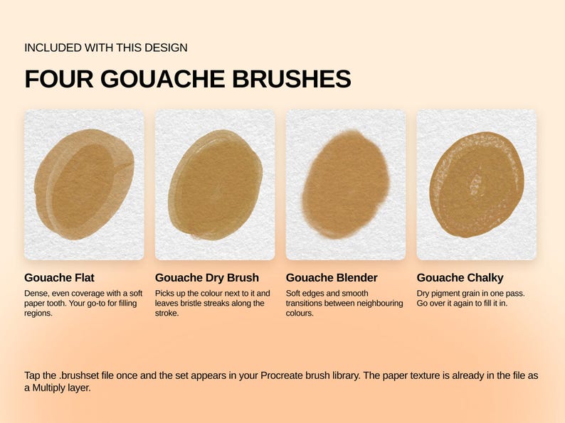 May include: A digital set of four gouache brushes for Procreate, labeled Gouache Flat, Gouache Dry Brush, Gouache Blender, and Gouache Chalky. Each brush is demonstrated with a brown circular paint stroke on a textured white paper background.