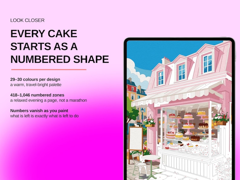 May include: A digital tablet displaying a paint-by-number illustration of a pink bakery storefront. Text on the left reads: LOOK CLOSER, EVERY CAKE STARTS AS A NUMBERED SHAPE, 29-30 colours per design, 418-1,046 numbered zones, Numbers vanish as you paint.